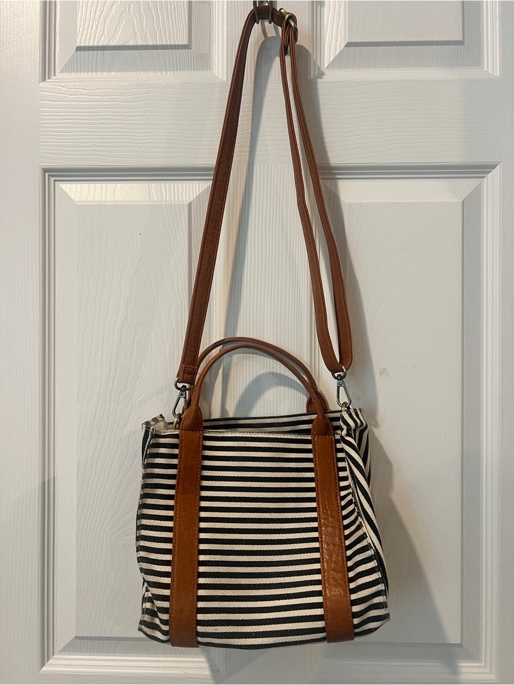 Others Follow Black and White Striped Crossbody Bag with Brown Trim